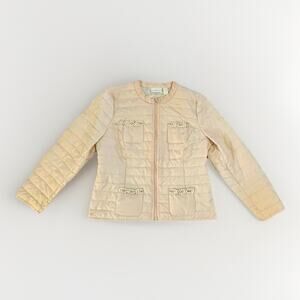 Chicos Women’s Quilted Jacket Size 1 M Pink Peach Lightweight Pearls Beads Zip